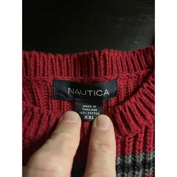 Nautica Men’s Sweater Red Black Grey Stripe Knit Crew Neck XXL - Picture 3 of 9